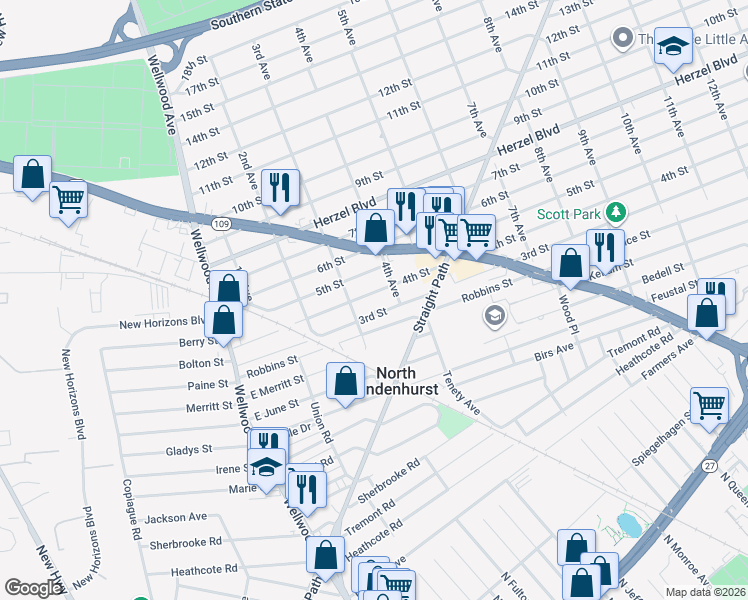 map of restaurants, bars, coffee shops, grocery stores, and more near 333 4th Street in Lindenhurst
