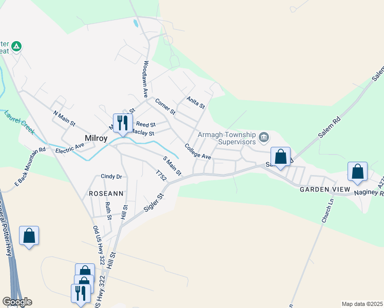 map of restaurants, bars, coffee shops, grocery stores, and more near 86 College Avenue in Milroy