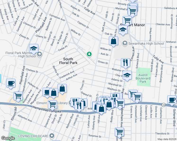map of restaurants, bars, coffee shops, grocery stores, and more near 1543 Clay St in Elmont