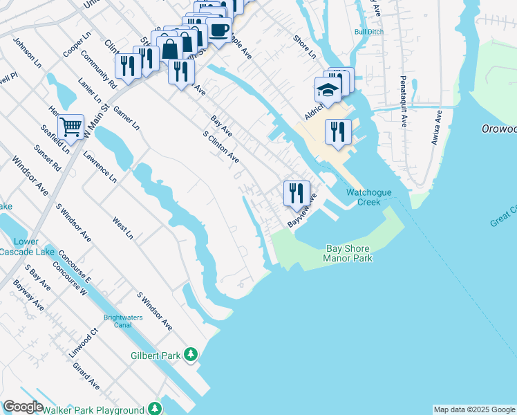 map of restaurants, bars, coffee shops, grocery stores, and more near 8 South Atlantic Avenue in Bay Shore