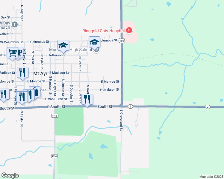 map of restaurants, bars, coffee shops, grocery stores, and more near 1008 East Jackson Street in Mount Ayr