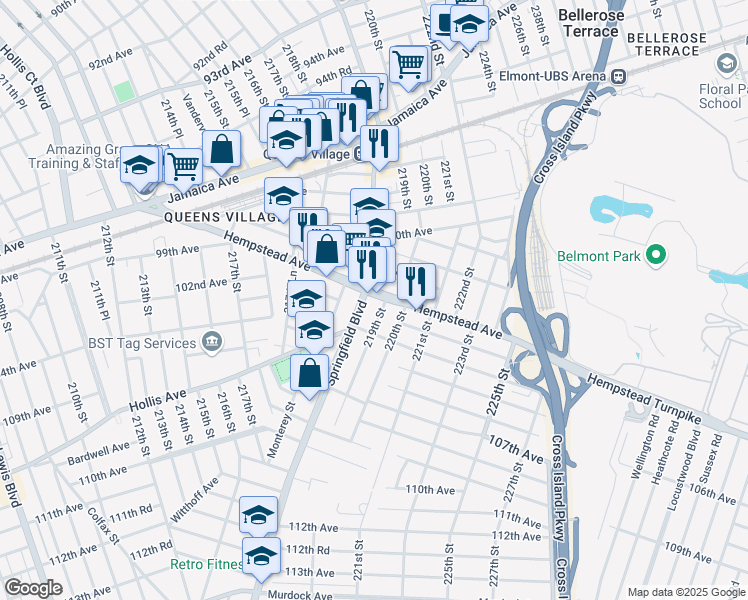 map of restaurants, bars, coffee shops, grocery stores, and more near 218-80 Hempstead Avenue in Queens