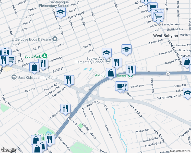 map of restaurants, bars, coffee shops, grocery stores, and more near 122 Farber Drive in West Babylon