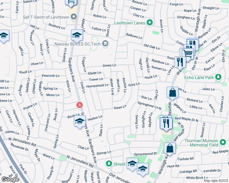 map of restaurants, bars, coffee shops, grocery stores, and more near 49 Water Lane North in Levittown