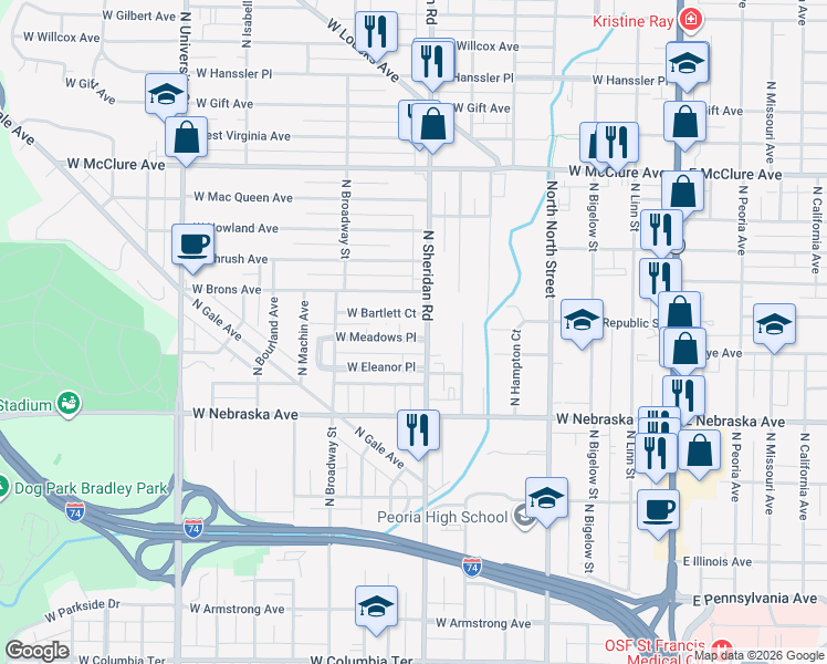 map of restaurants, bars, coffee shops, grocery stores, and more near 709 West Meadows Place in Peoria
