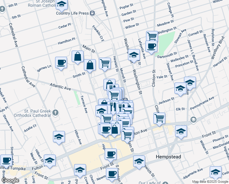 map of restaurants, bars, coffee shops, grocery stores, and more near 180 Main Street in Hempstead