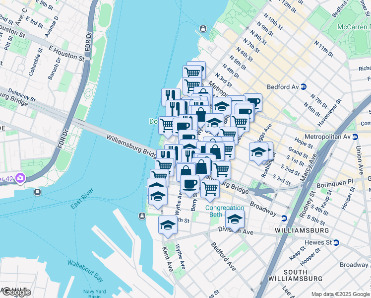 map of restaurants, bars, coffee shops, grocery stores, and more near 36-46 South 4th Street in Brooklyn