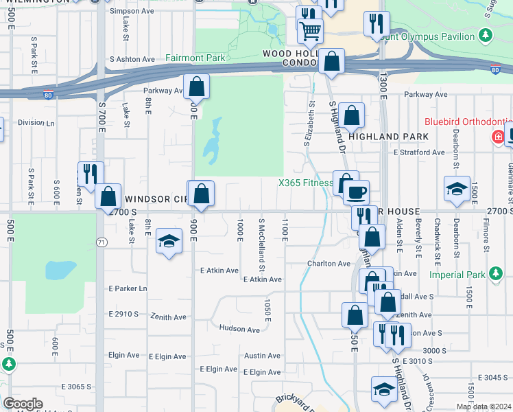 map of restaurants, bars, coffee shops, grocery stores, and more near 1025 East 2700 South in Salt Lake City
