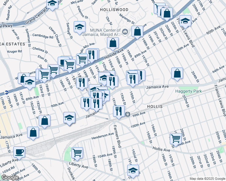 map of restaurants, bars, coffee shops, grocery stores, and more near 191-13 Jamaica Avenue in Queens