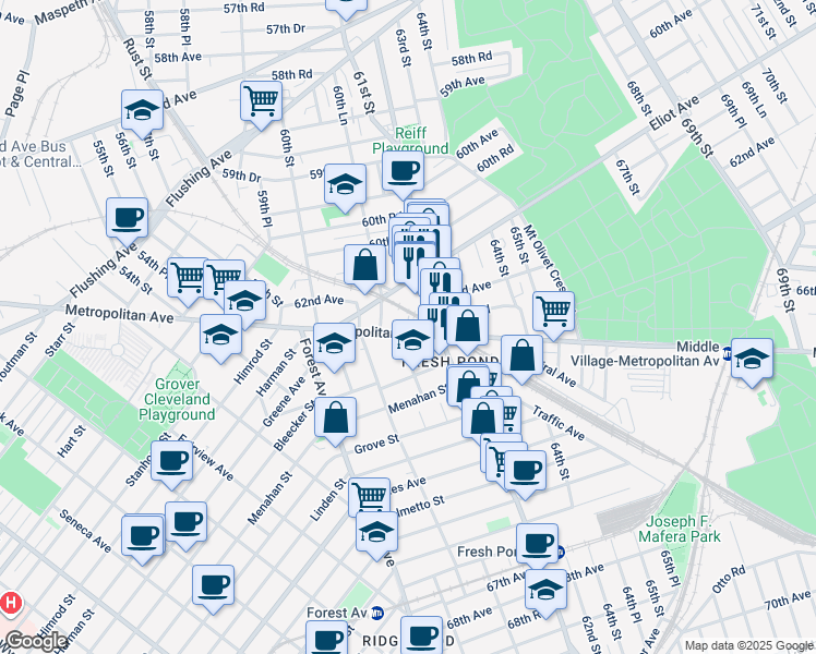 map of restaurants, bars, coffee shops, grocery stores, and more near in Queens