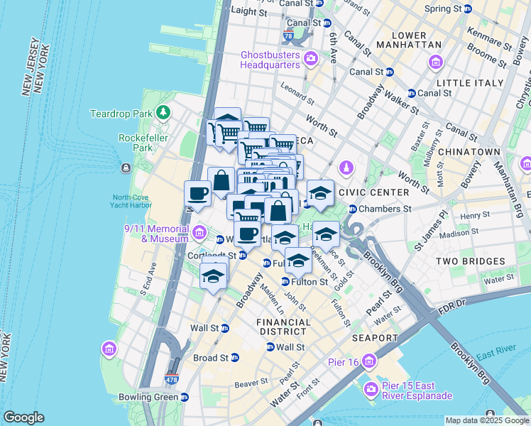 map of restaurants, bars, coffee shops, grocery stores, and more near 99 Church Street in New York