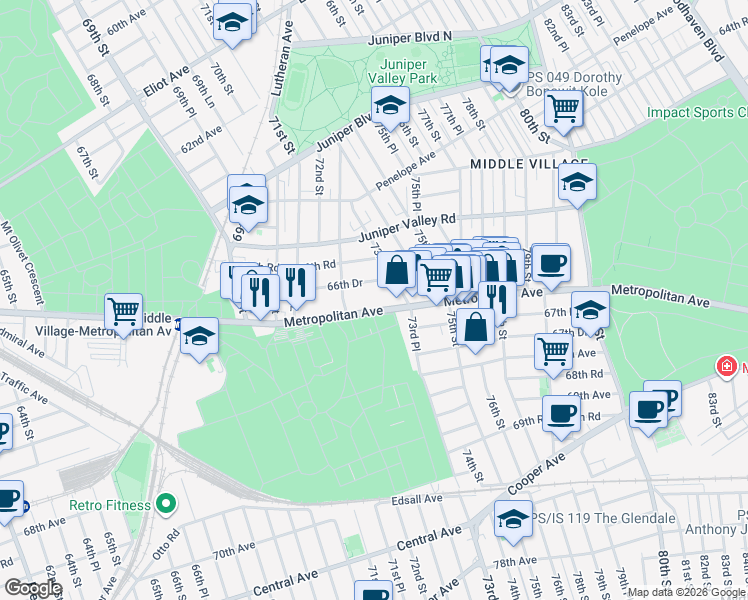 map of restaurants, bars, coffee shops, grocery stores, and more near 72-31 Metropolitan Avenue in Queens