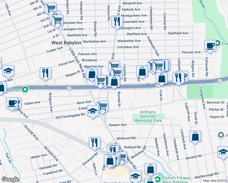 map of restaurants, bars, coffee shops, grocery stores, and more near 630 Sunrise Highway in West Babylon