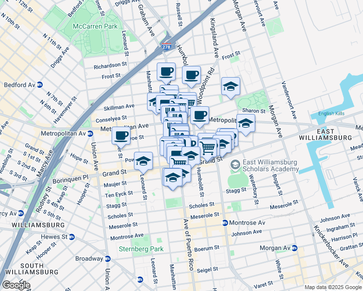 map of restaurants, bars, coffee shops, grocery stores, and more near 258 Ainslie Street in Brooklyn