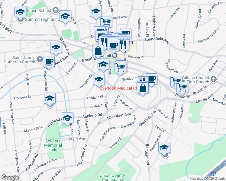 map of restaurants, bars, coffee shops, grocery stores, and more near 250 Morris Avenue in Summit