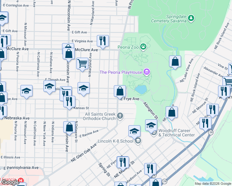 map of restaurants, bars, coffee shops, grocery stores, and more near in Peoria