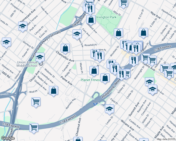 map of restaurants, bars, coffee shops, grocery stores, and more near 19 Renee Place in Irvington