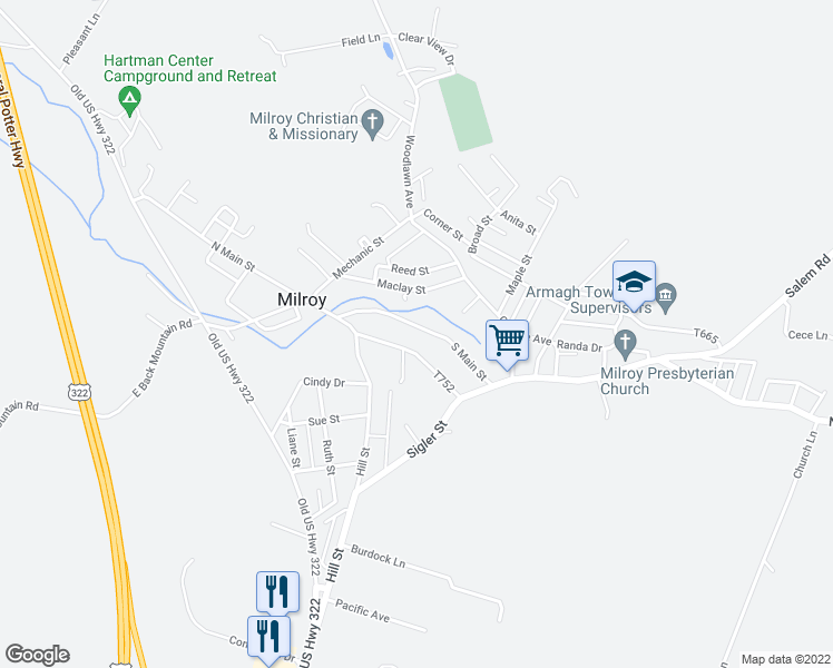 map of restaurants, bars, coffee shops, grocery stores, and more near 90 South Main Street in Milroy