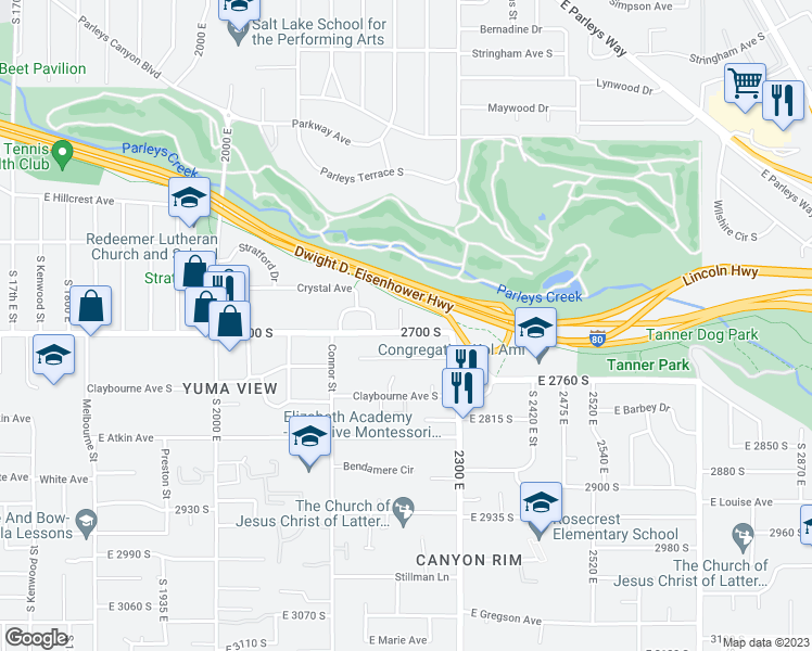 map of restaurants, bars, coffee shops, grocery stores, and more near 2249 East 2700 South in Salt Lake City