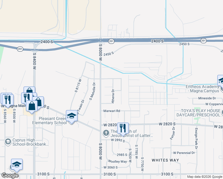 map of restaurants, bars, coffee shops, grocery stores, and more near 2607 Athena Drive in Magna