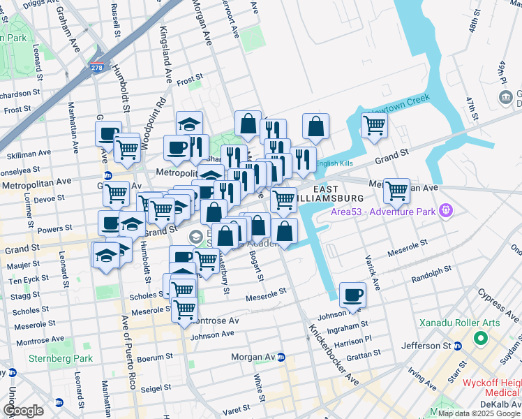 map of restaurants, bars, coffee shops, grocery stores, and more near 1002 Grand Street in Brooklyn