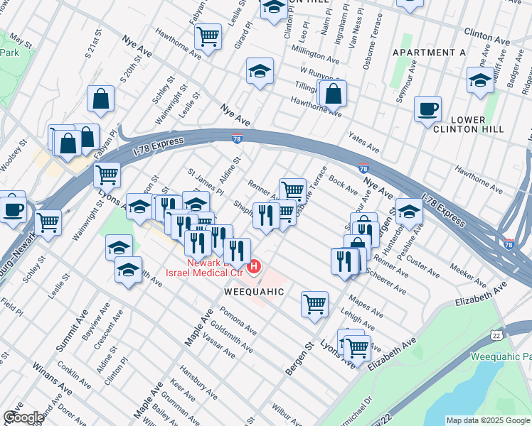 map of restaurants, bars, coffee shops, grocery stores, and more near in Newark