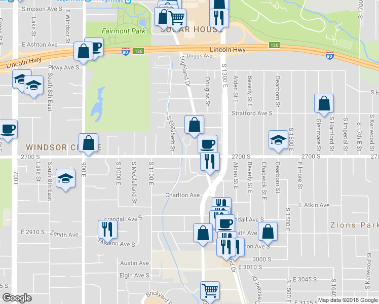 map of restaurants, bars, coffee shops, grocery stores, and more near 1203 2700 South in Salt Lake City