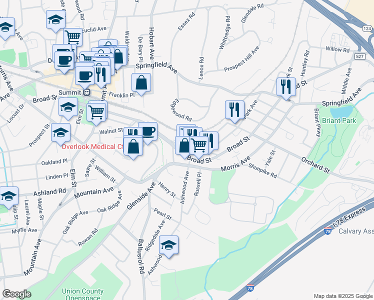 map of restaurants, bars, coffee shops, grocery stores, and more near 96 Park Avenue in Summit
