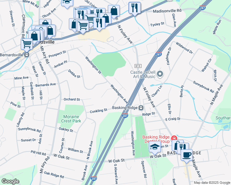 map of restaurants, bars, coffee shops, grocery stores, and more near 102 Washington Avenue in Basking Ridge