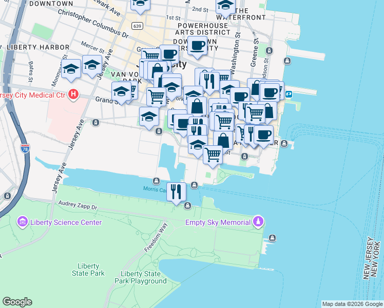 map of restaurants, bars, coffee shops, grocery stores, and more near 127 Essex Street in Jersey City