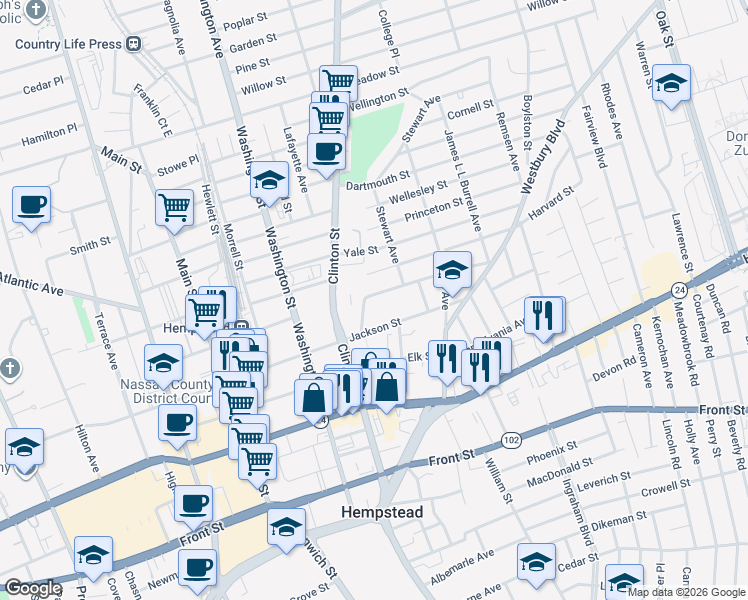 map of restaurants, bars, coffee shops, grocery stores, and more near 262 East Columbia Street in Hempstead