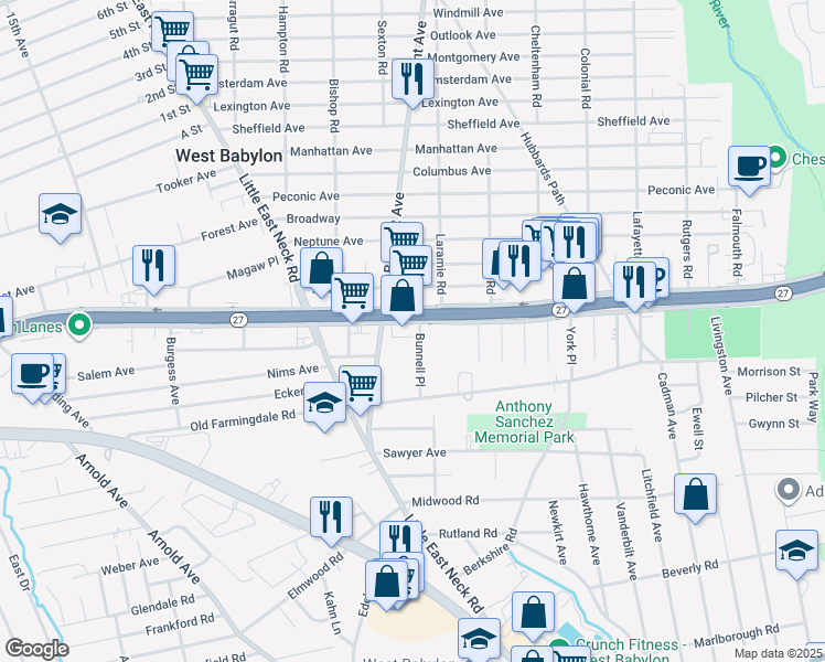 map of restaurants, bars, coffee shops, grocery stores, and more near 630 Sunrise Highway in West Babylon