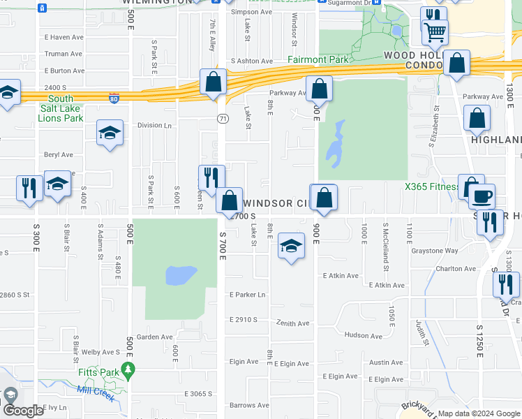 map of restaurants, bars, coffee shops, grocery stores, and more near 779 East 2700 South in Salt Lake City