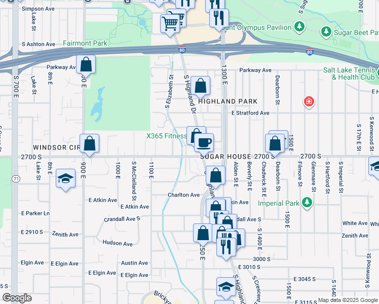 map of restaurants, bars, coffee shops, grocery stores, and more near 1203 2700 South in Salt Lake City