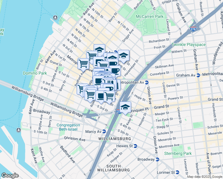 map of restaurants, bars, coffee shops, grocery stores, and more near 124-128 Havemeyer Street in Brooklyn
