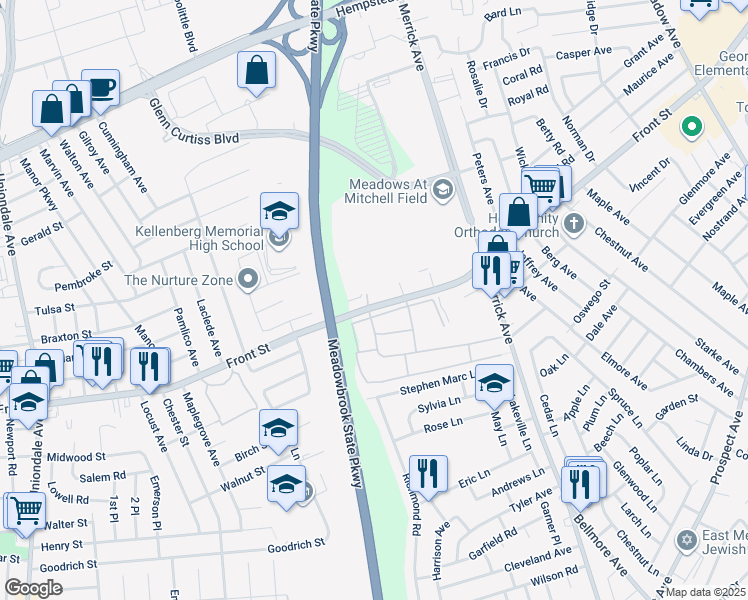 map of restaurants, bars, coffee shops, grocery stores, and more near 343 Spring Drive in East Meadow