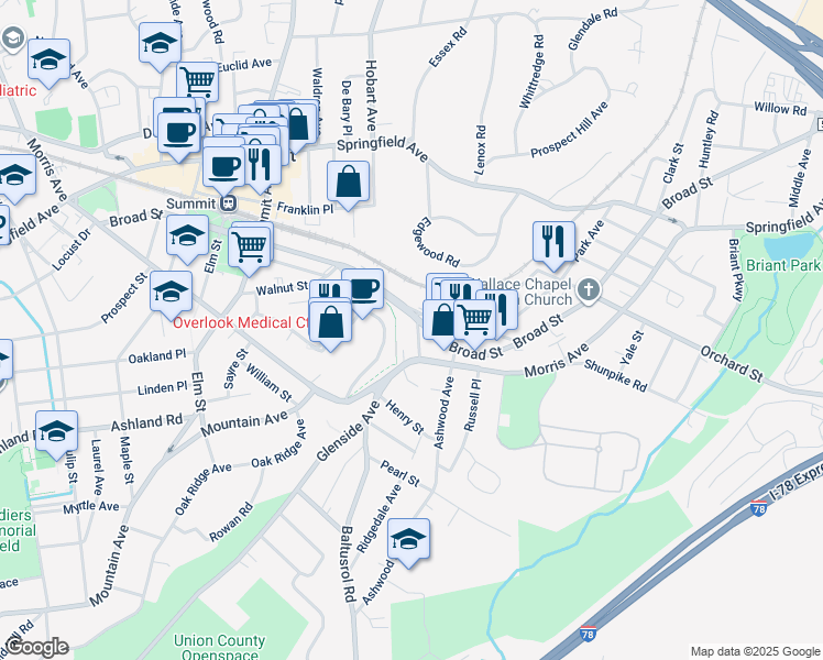 map of restaurants, bars, coffee shops, grocery stores, and more near 12 Denman Place in Summit