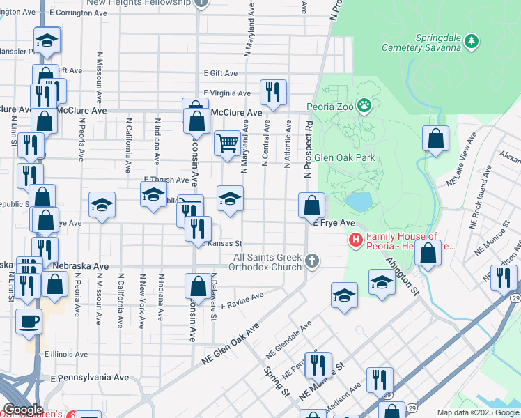 map of restaurants, bars, coffee shops, grocery stores, and more near 2111 North Central Avenue in Peoria