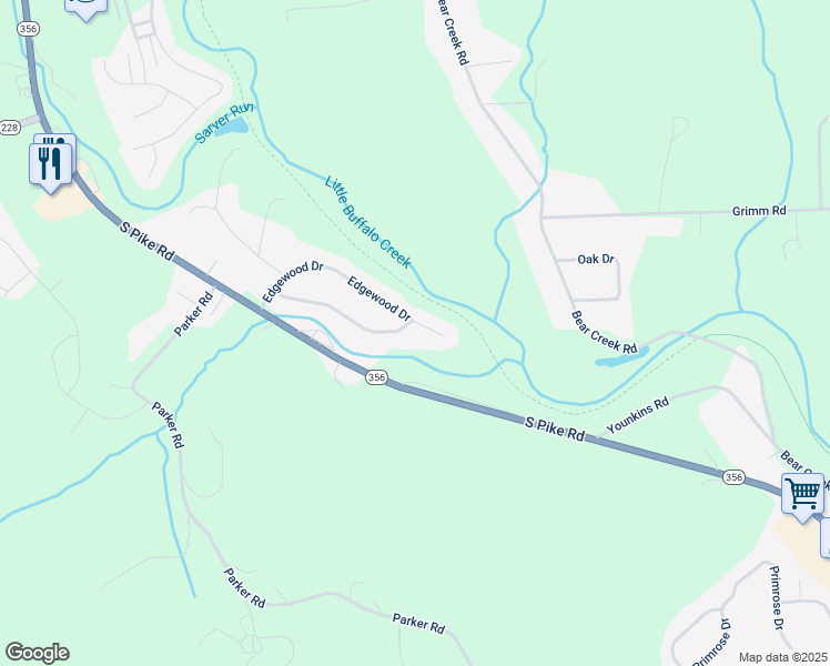 map of restaurants, bars, coffee shops, grocery stores, and more near 128 Edgewood Drive in Sarver