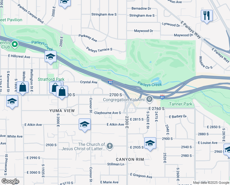 map of restaurants, bars, coffee shops, grocery stores, and more near 2267 East 2700 South in Salt Lake City