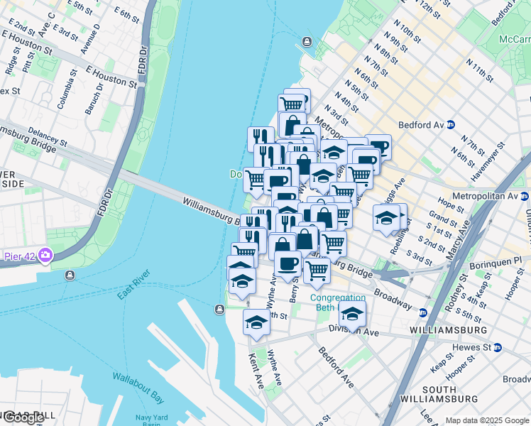 map of restaurants, bars, coffee shops, grocery stores, and more near 2 South 5th Street in Brooklyn