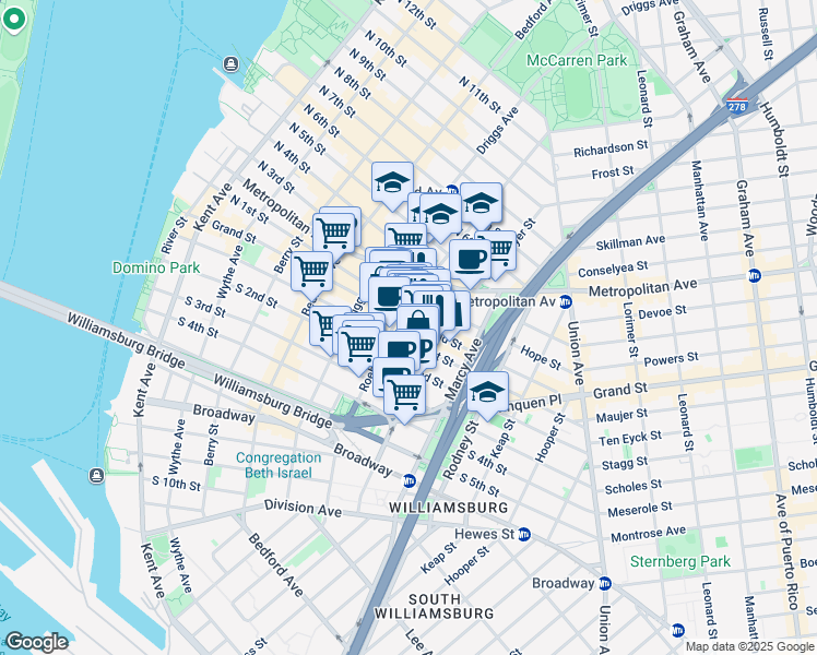 map of restaurants, bars, coffee shops, grocery stores, and more near 124-128 Havemeyer Street in Brooklyn