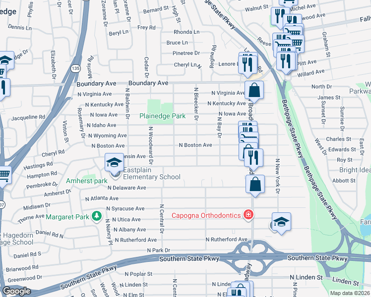 map of restaurants, bars, coffee shops, grocery stores, and more near 272 North Boston Avenue in Massapequa