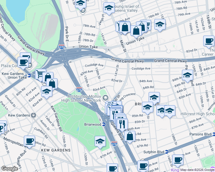 map of restaurants, bars, coffee shops, grocery stores, and more near 139-1 83rd Avenue in Queens