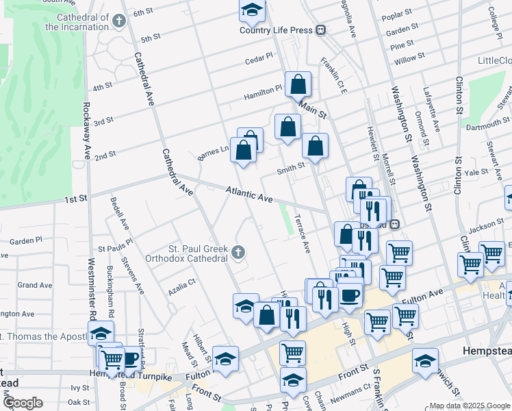 map of restaurants, bars, coffee shops, grocery stores, and more near 180 Hilton Avenue in Hempstead