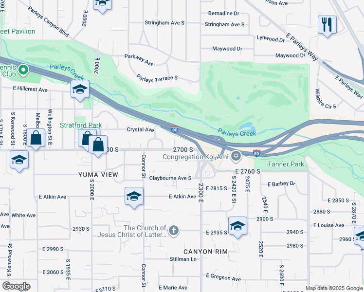 map of restaurants, bars, coffee shops, grocery stores, and more near 2249 East 2700 South in Salt Lake City