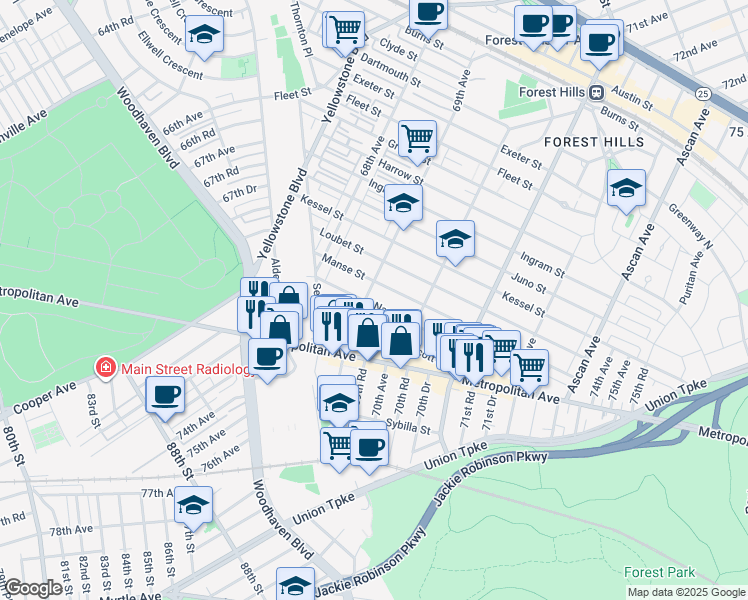 map of restaurants, bars, coffee shops, grocery stores, and more near 9004 69th Avenue in Queens