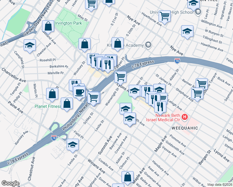 map of restaurants, bars, coffee shops, grocery stores, and more near 321 Leslie Street in Newark