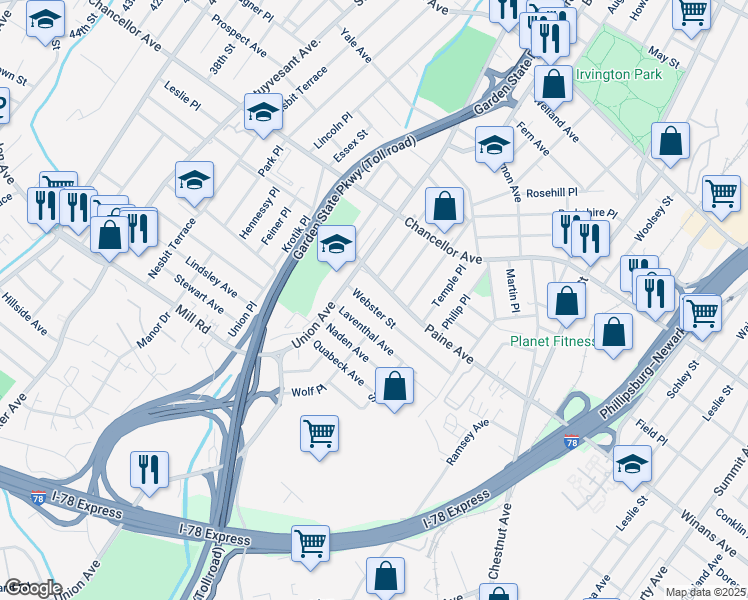 map of restaurants, bars, coffee shops, grocery stores, and more near 109 Webster Street in Irvington
