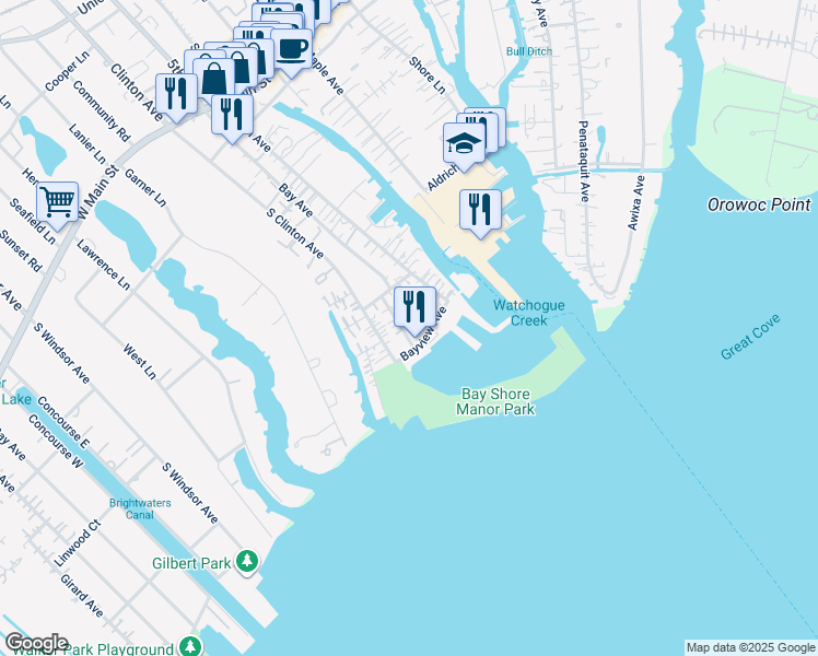 map of restaurants, bars, coffee shops, grocery stores, and more near 19 Auburn Avenue in Bay Shore